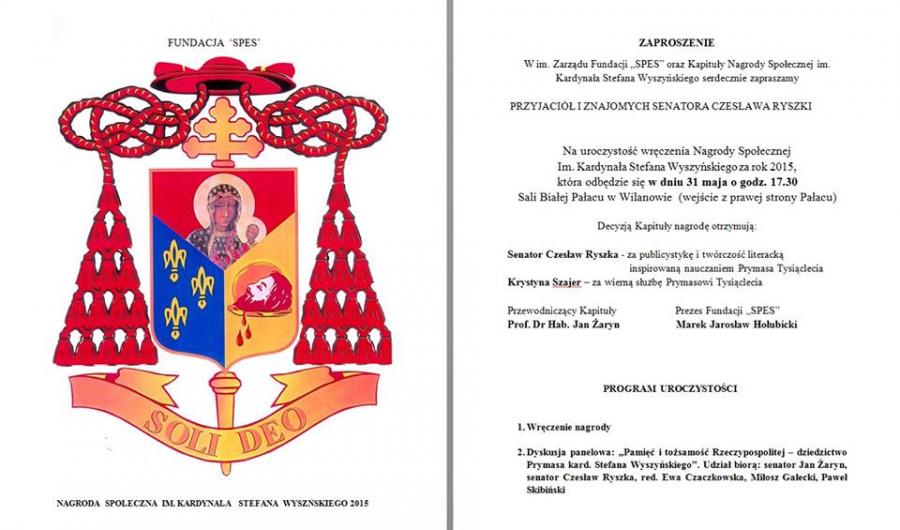 Nagroda Społeczna im. Kardynała Stefana Wyszyńskiego -2015 Dla Czesława Ryszki